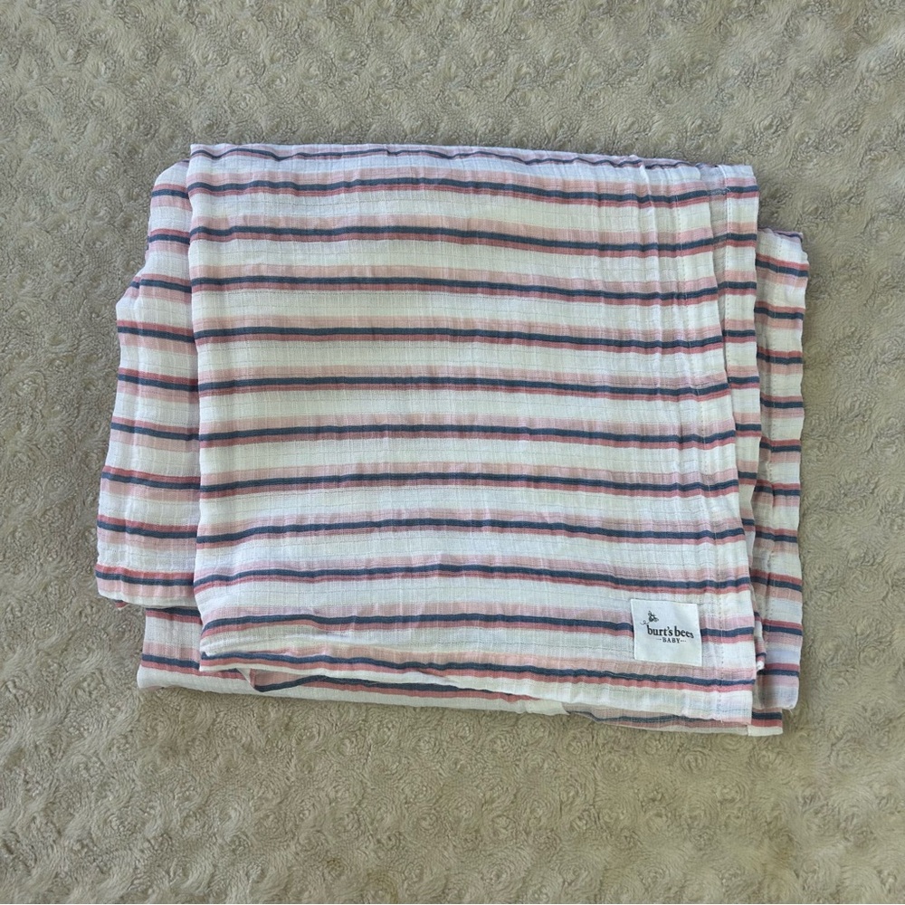 Burt's Bees Baby Pink Blue White Stripes Baby Swaddle Blanket Organic Cotton